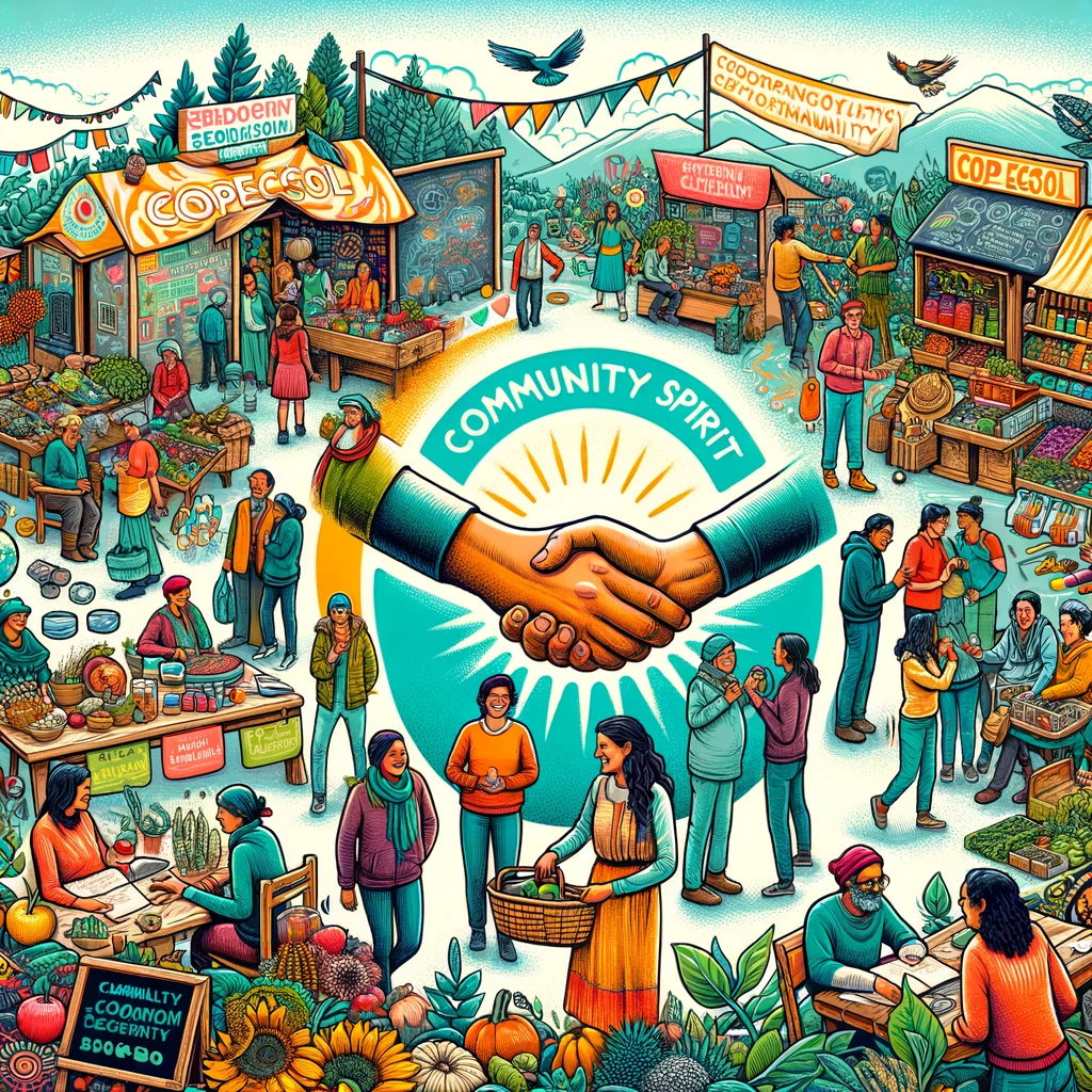 DALL·E 2024 05 06 00.51.12 A vibrant digital illustration depicting the community spirit of Coop Ecosol. The image should show a diverse group of people including producers co