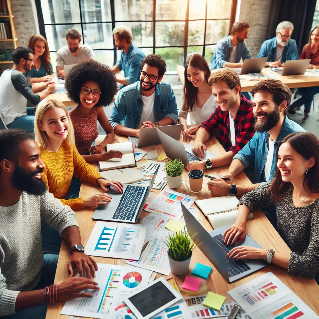 DALL·E 2024 08 12 14.09.17 A diverse group of people working together at a table collaborating on a project. They are surrounded by notes laptops and various documents. The a