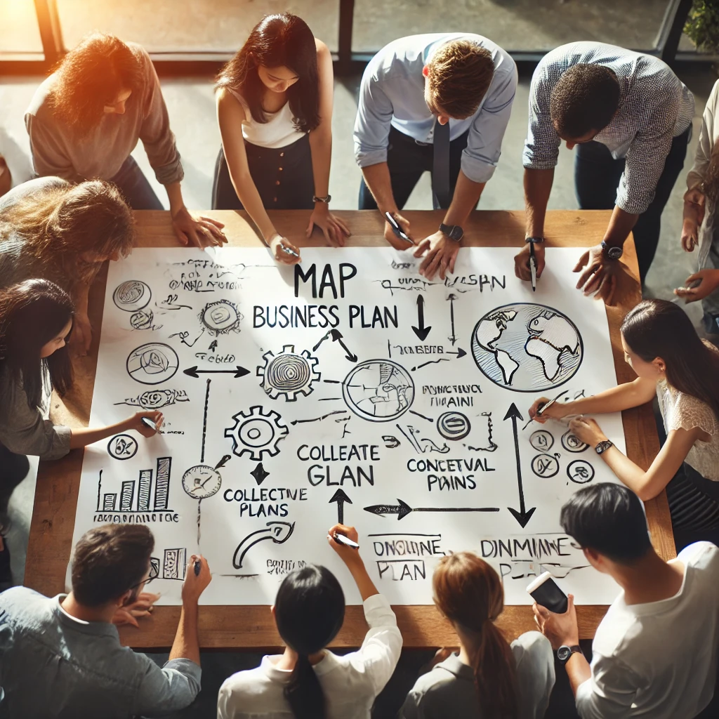 DALL·E 2024 08 12 14.11.14 A group of people drawing a map or business plan on a whiteboard emphasizing the importance of a clear vision and collective goals. The group is dive