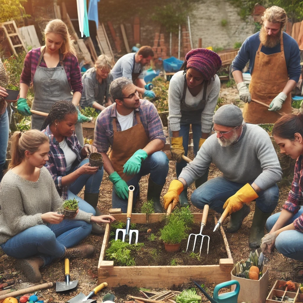 DALL·E 2024 08 12 14.16.34 People of different ages and backgrounds working together on an outdoor community project reflecting equity and inclusion in entrepreneurship. The gr