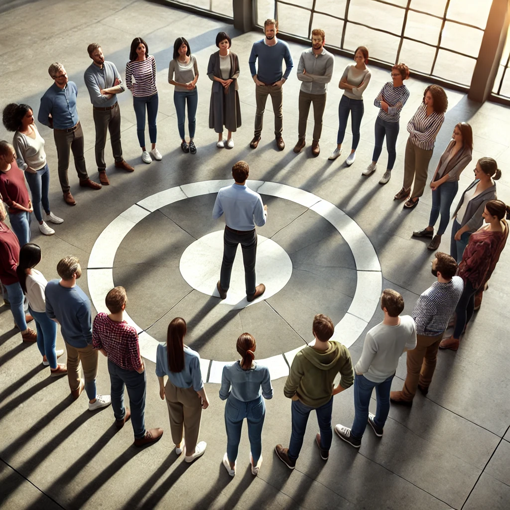 DALL·E 2024 08 12 14.20.02 A group of people standing in a circle with a leader facilitating the discussion symbolizing shared leadership. The group consists of diverse members