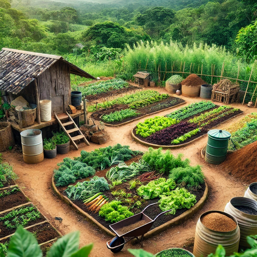 DALL·E 2024 08 12 15.03.34 A small local farm with diverse crops showcasing sustainable farming practices such as crop rotation and the use of natural compost. The farm feature