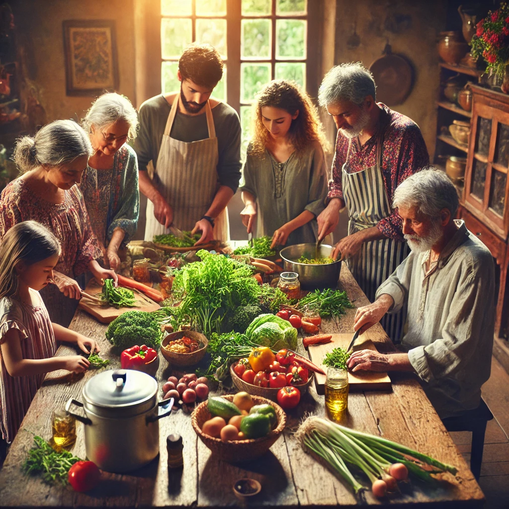 DALL·E 2024 08 12 15.06.48 A family preparing a meal with local and fresh ingredients in a traditional kitchen highlighting the connection between health culture and food. Th