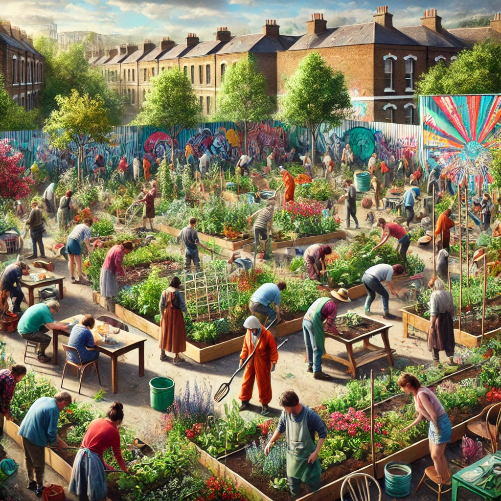 DALL·E 2024 08 12 21.45.23 A scene of a community coming together to transform a disused public space into a vibrant community garden symbolizing the power of creativity to imp