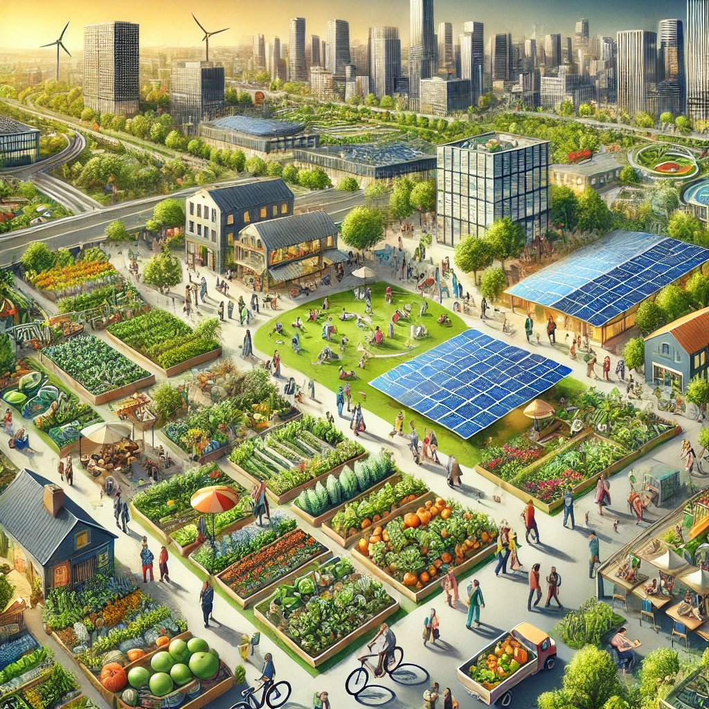 DALL·E 2024 08 12 21.46.27 An illustration of a city in transition showcasing creative solutions to energy and food challenges. The scene features solar panels on rooftops urb